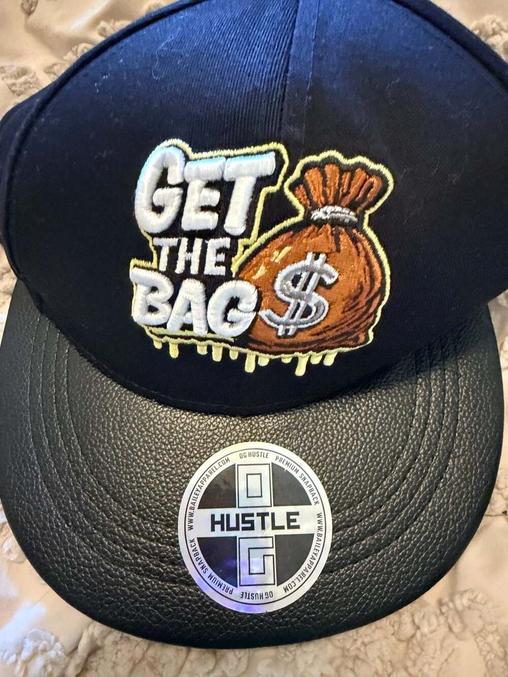 OG Hustle Get The Bag Snapback Hat Black Embroidered Money Bag